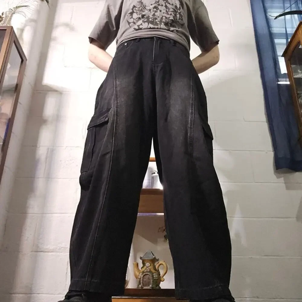 Black Baggy Wide Leg Cargo Jeans | Flap Utility Pockets | W30 42in
